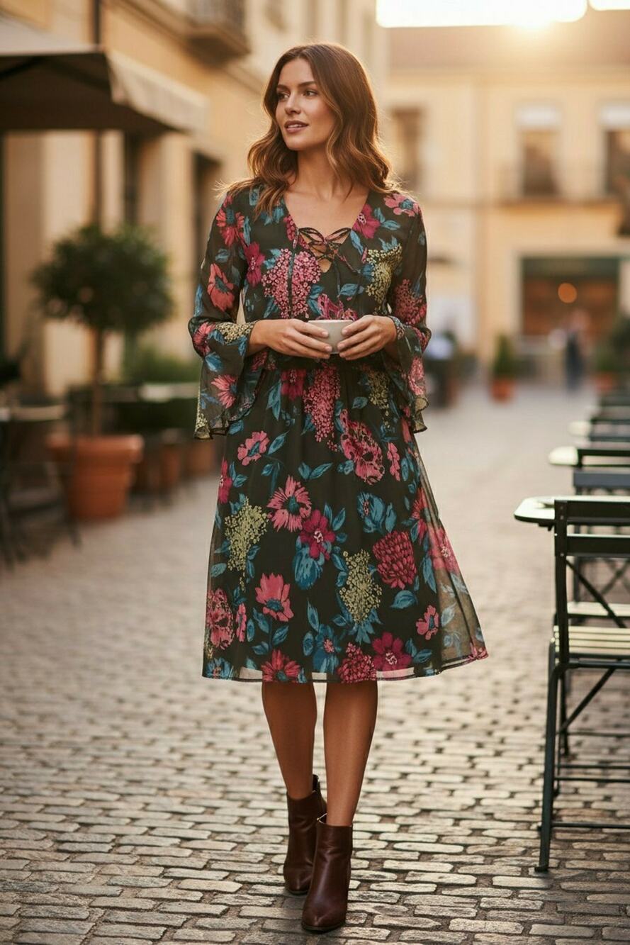 Context Green Floral Print Mini Dress W/ Sheer Flare Sleeves Bohemian M #A103PJ